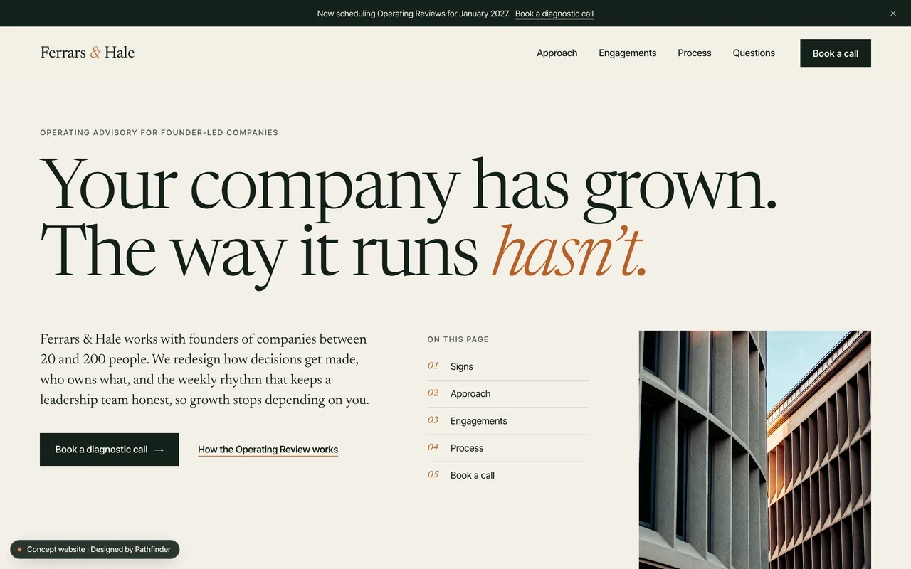 Ferrars & Hale, a concept operating advisory website by Pathfinder: the homepage hero on desktop.
