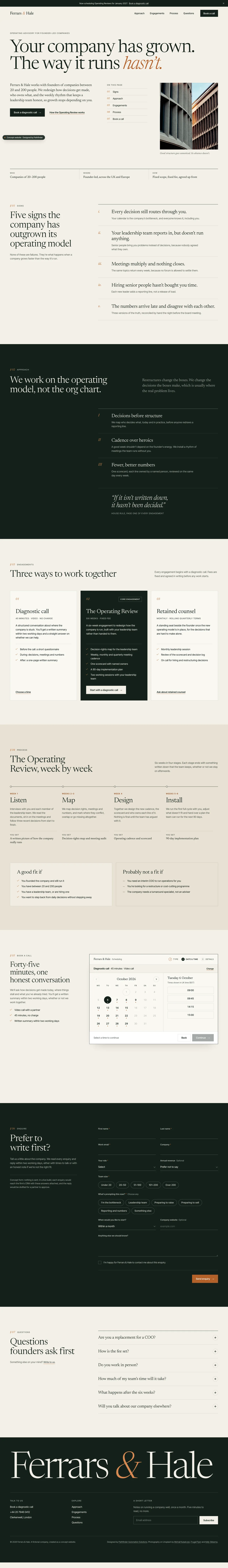 The full Ferrars & Hale concept operating advisory website, top to bottom: Fluid Engine layout, Acuity scheduling, multi-step enquiry form, accordion.