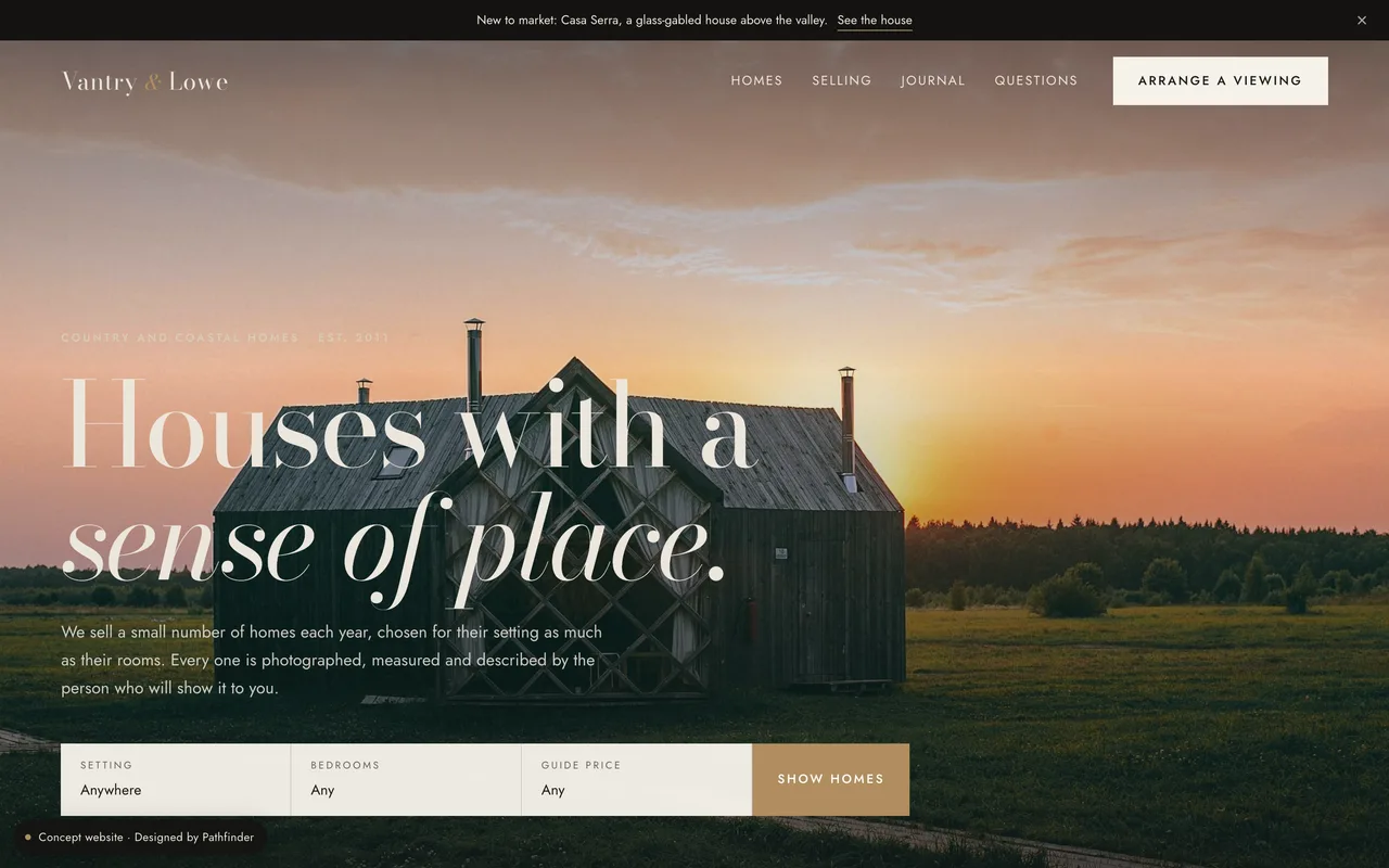 Vantry & Lowe, a concept estate agency website by Pathfinder: the homepage hero on desktop.