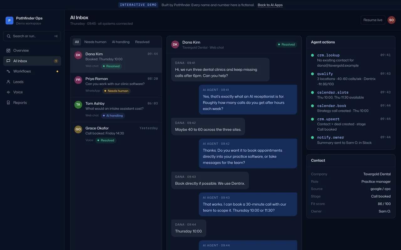 A web-chat conversation in which the AI agent qualifies a lead and books a strategy call, with every tool call logged.