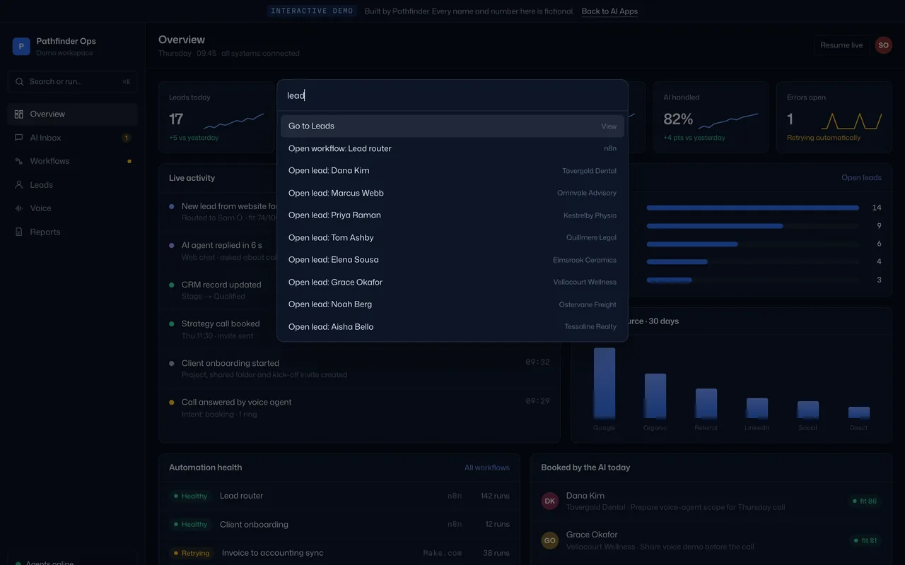 Command palette open over the Pathfinder Ops overview, filtering commands and leads as you type.